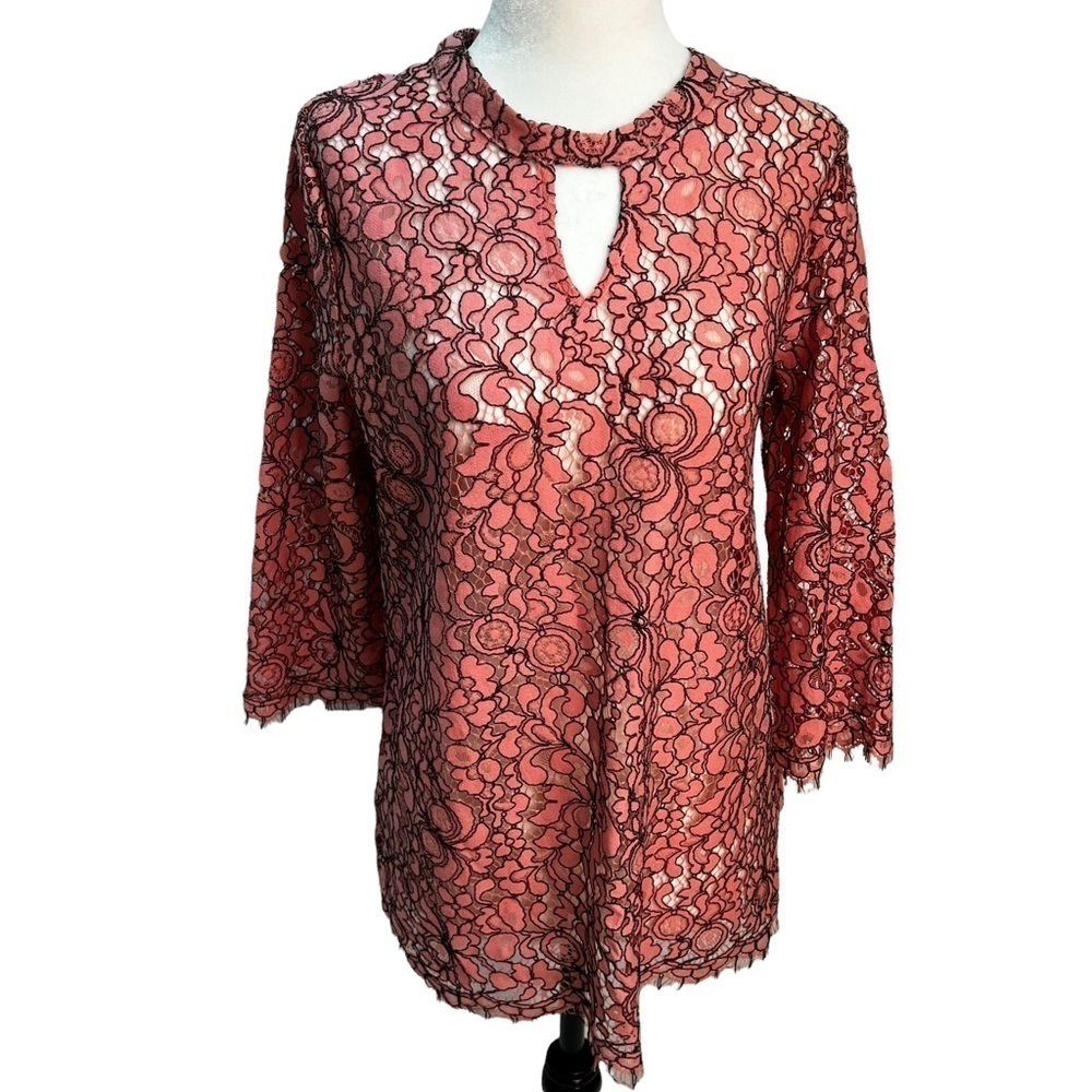 KAFFE Sys Pink/Black  Lace Round Neck Blouse Top Size M
